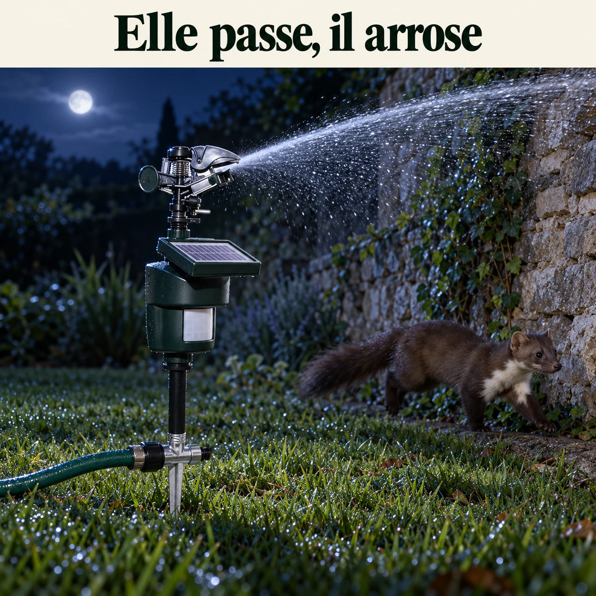 Arroseur anti-fouine déclenché la nuit au pied d'un mur de jardin, fouine qui s'éloigne