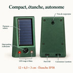 Caractéristiques du répulsif lapin : panneau solaire, haut-parleur à ultrasons, LED, port USB, 12 x 6,5 x 3 cm, IP58