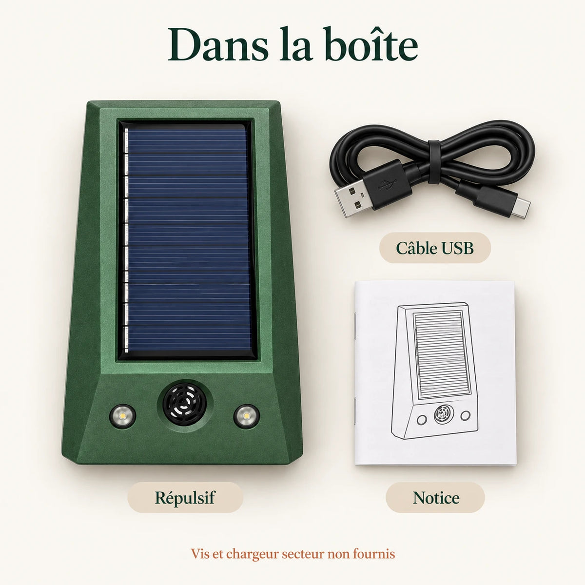 Contenu du colis du répulsif lapin : appareil, câble USB et notice
