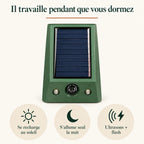 Fonctionnement du répulsif lapin : recharge solaire, flash automatique la nuit, ultrasons
