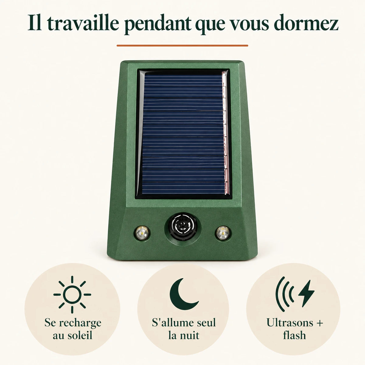 Fonctionnement du répulsif lapin : recharge solaire, flash automatique la nuit, ultrasons
