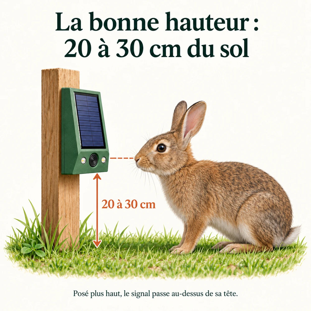 Hauteur de pose du répulsif lapin : entre 20 et 30 cm du sol, à hauteur du museau du lapin