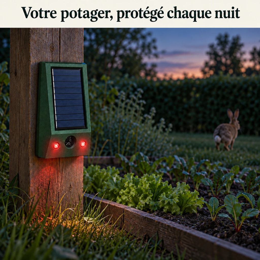 Répulsif lapin fixé sur un piquet au bord du potager, flash allumé à la nuit tombée