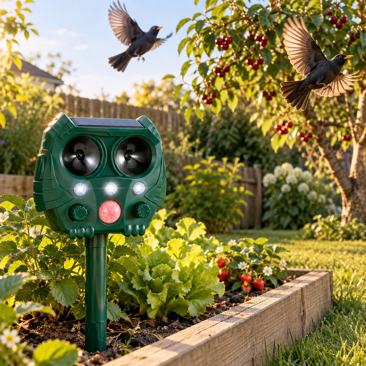 Effaroucheur d'oiseaux planté dans un potager, deux merles s'écartant d'un cerisier