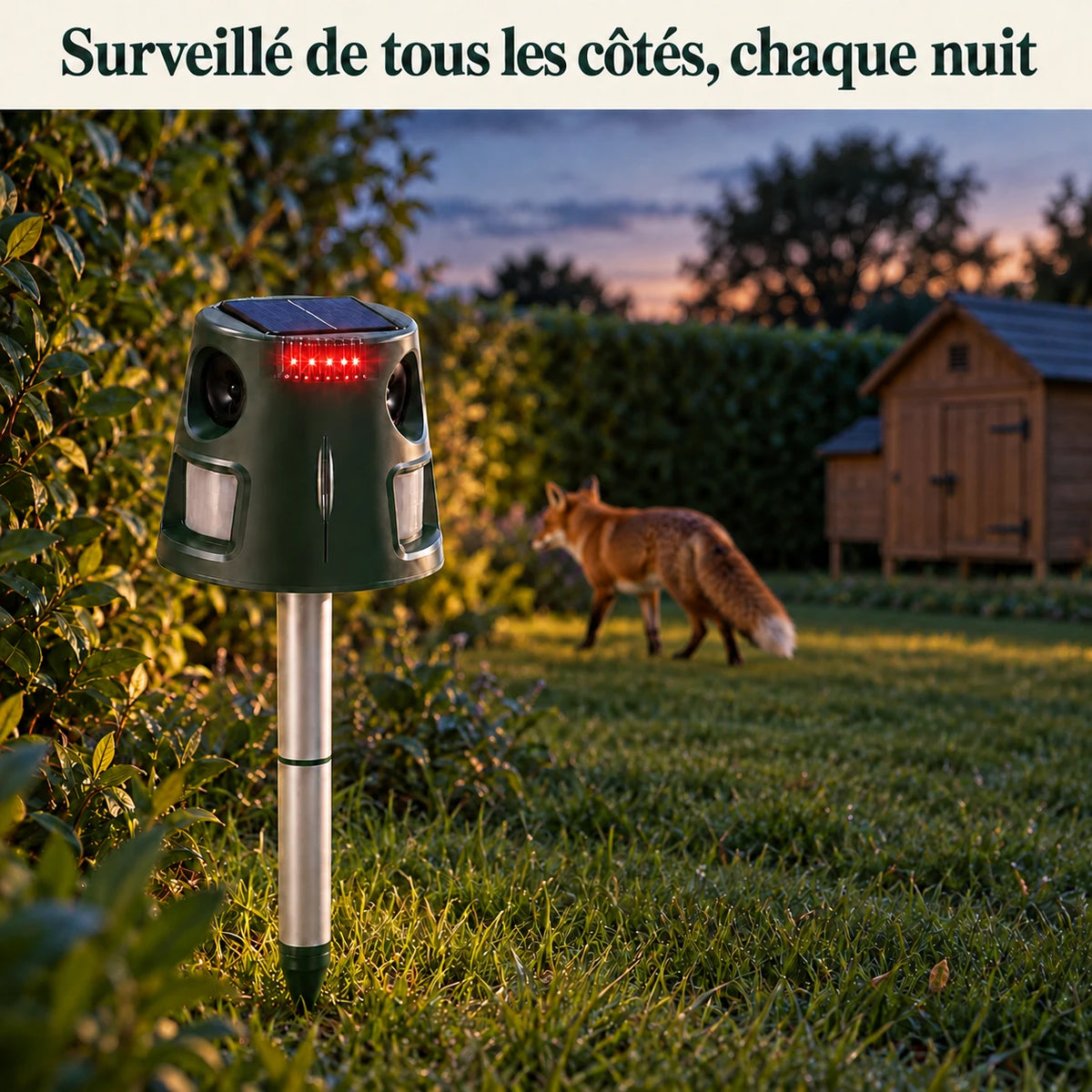 Répulsif renard planté dans un jardin la nuit, LED allumées, renard qui s'éloigne du poulailler