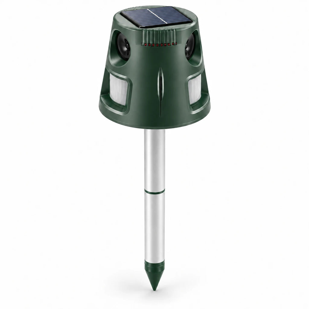 Répulsif renard solaire à ultrasons Naturia Anti-Renard 360, boîtier vert sur piquet