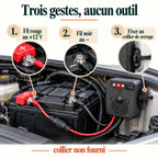 Branchement en trois gestes : fil rouge au +12 V, fil noir au négatif, fixation au collier