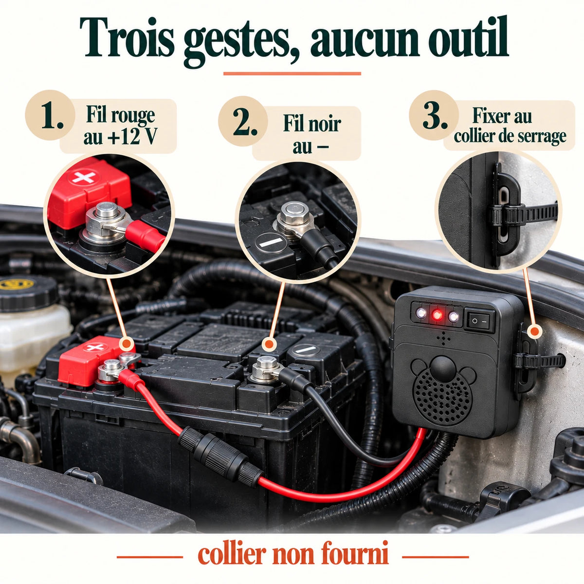 Branchement en trois gestes : fil rouge au +12 V, fil noir au négatif, fixation au collier