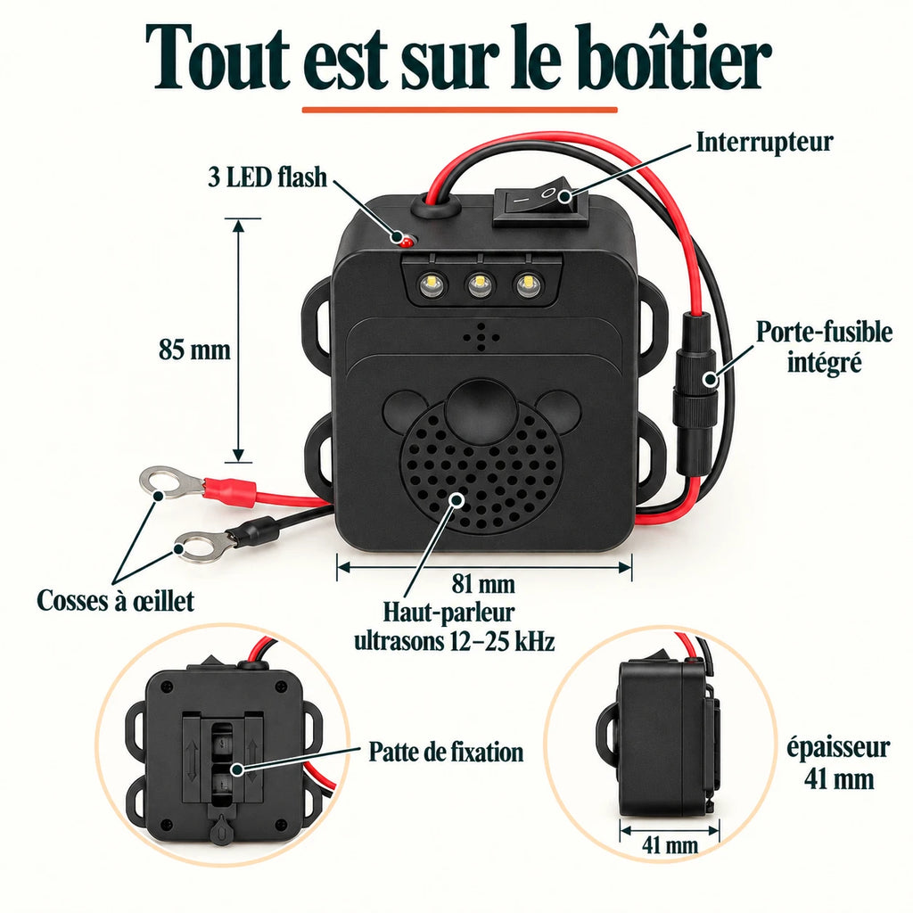 Caractéristiques : 3 LED flash, interrupteur, porte-fusible intégré, haut-parleur 12-25 kHz, 85 x 81 x 41 mm