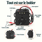Caractéristiques : 3 LED flash, interrupteur, porte-fusible intégré, haut-parleur 12-25 kHz, 85 x 81 x 41 mm