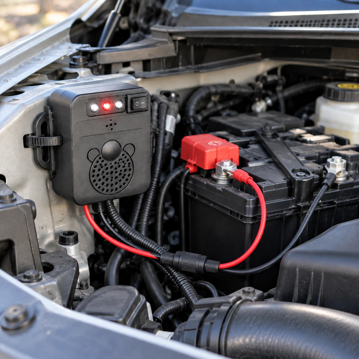 Le répulsif installé dans un compartiment moteur, relié aux bornes de la batterie