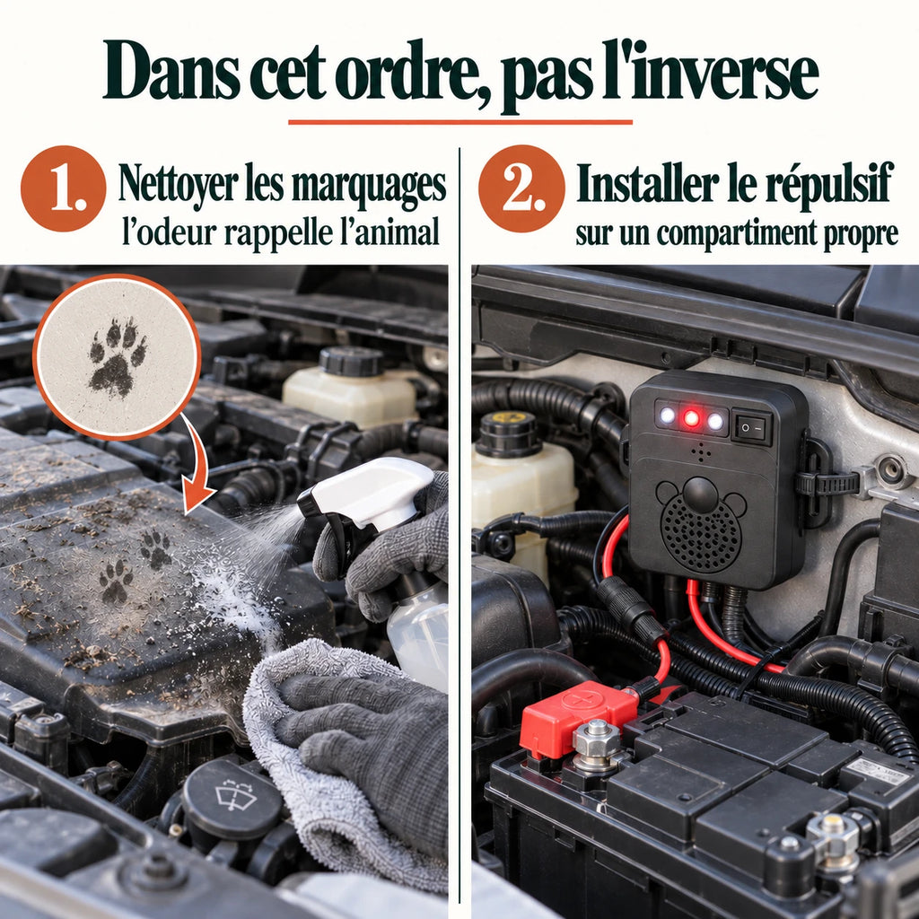 Nettoyer d'abord les marquages odorants, installer le répulsif ensuite sur un compartiment propre