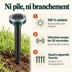 Répulsif serpent Naturia 100 % solaire : batterie 600 mAh intégrée, vibration toutes les 20 secondes de 400 à 1 000 Hz, quatre appareils espacés d'environ 13 mètres