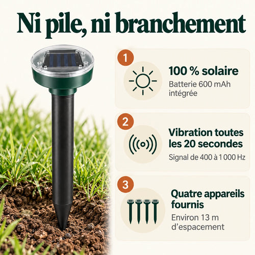 Répulsif serpent Naturia 100 % solaire : batterie 600 mAh intégrée, vibration toutes les 20 secondes de 400 à 1 000 Hz, quatre appareils espacés d'environ 13 mètres