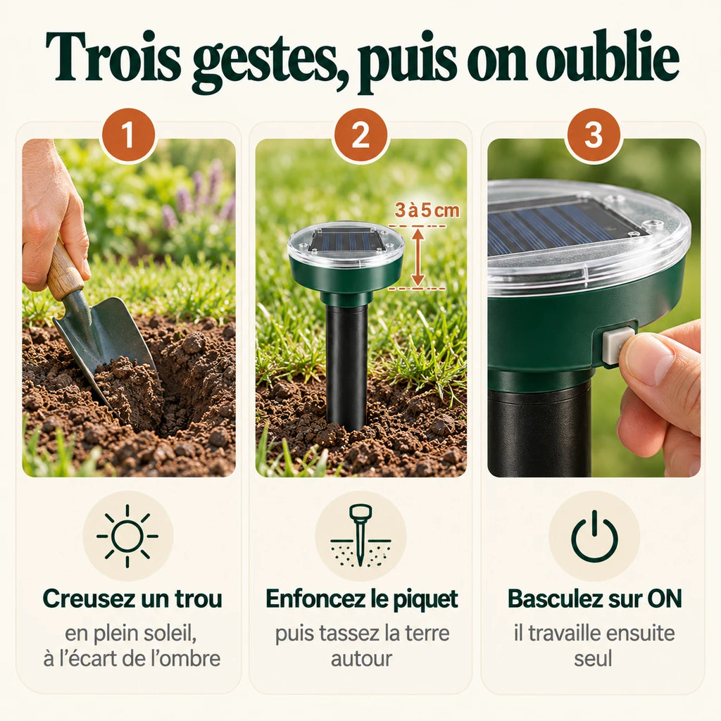Installation du répulsif serpent en 3 étapes : creuser un trou, enfoncer le piquet en laissant dépasser 3 à 5 cm, basculer l'interrupteur sur ON