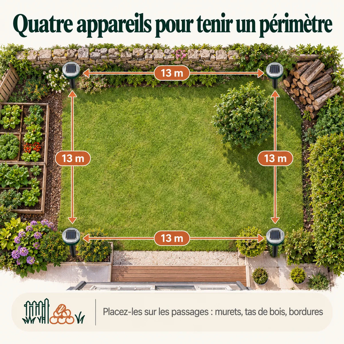 Quatre répulsifs serpent disposés autour d'un jardin, espacés d'environ 13 mètres le long des murets, du tas de bois et des bordures