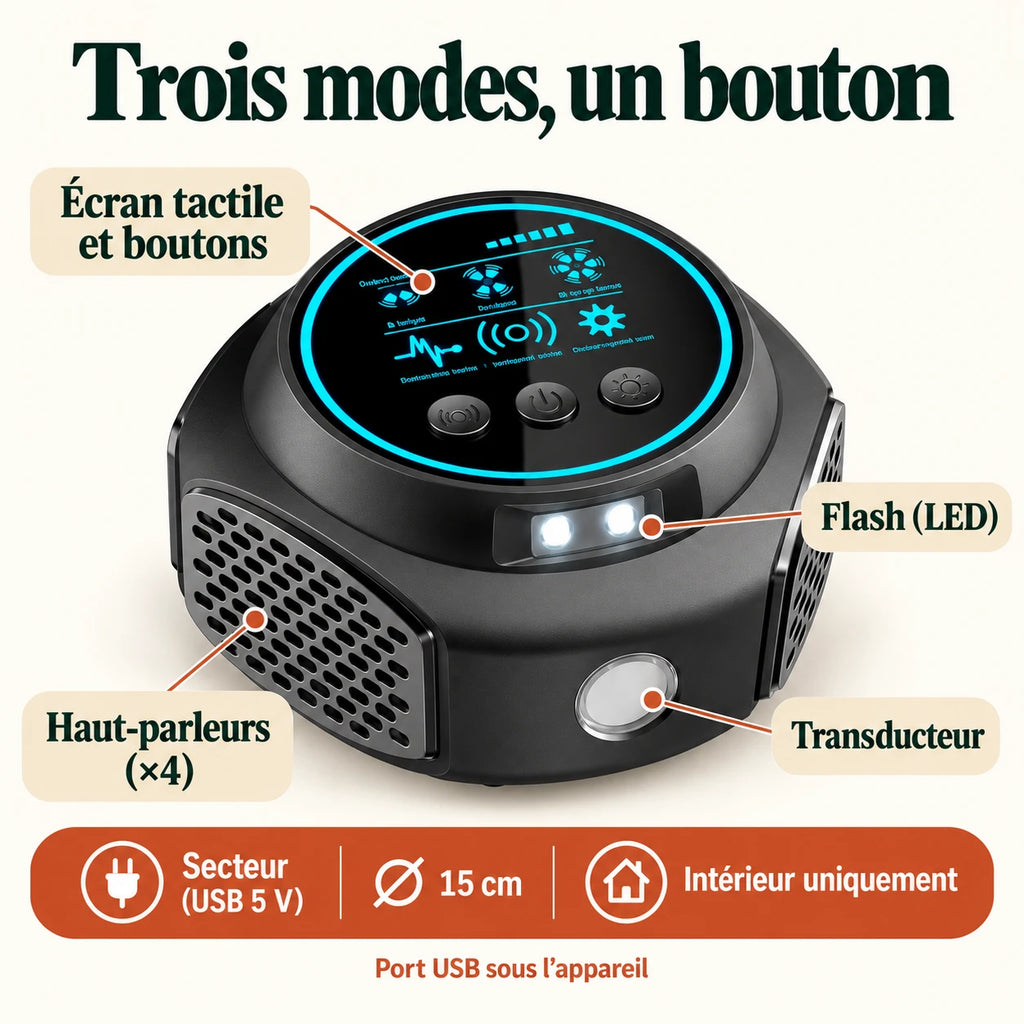 Caractéristiques du répulsif souris 360 : écran tactile, flash LED, 4 haut-parleurs, transducteur, secteur USB 5 V, intérieur uniquement