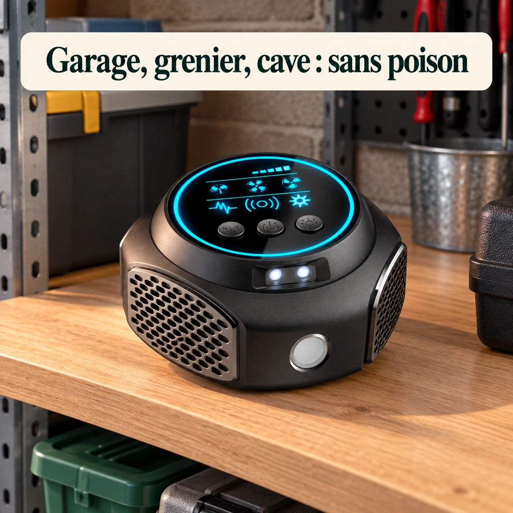 Répulsif souris à ultrasons posé sur une étagère de garage, sans poison