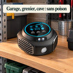 Répulsif souris à ultrasons posé sur une étagère de garage, sans poison