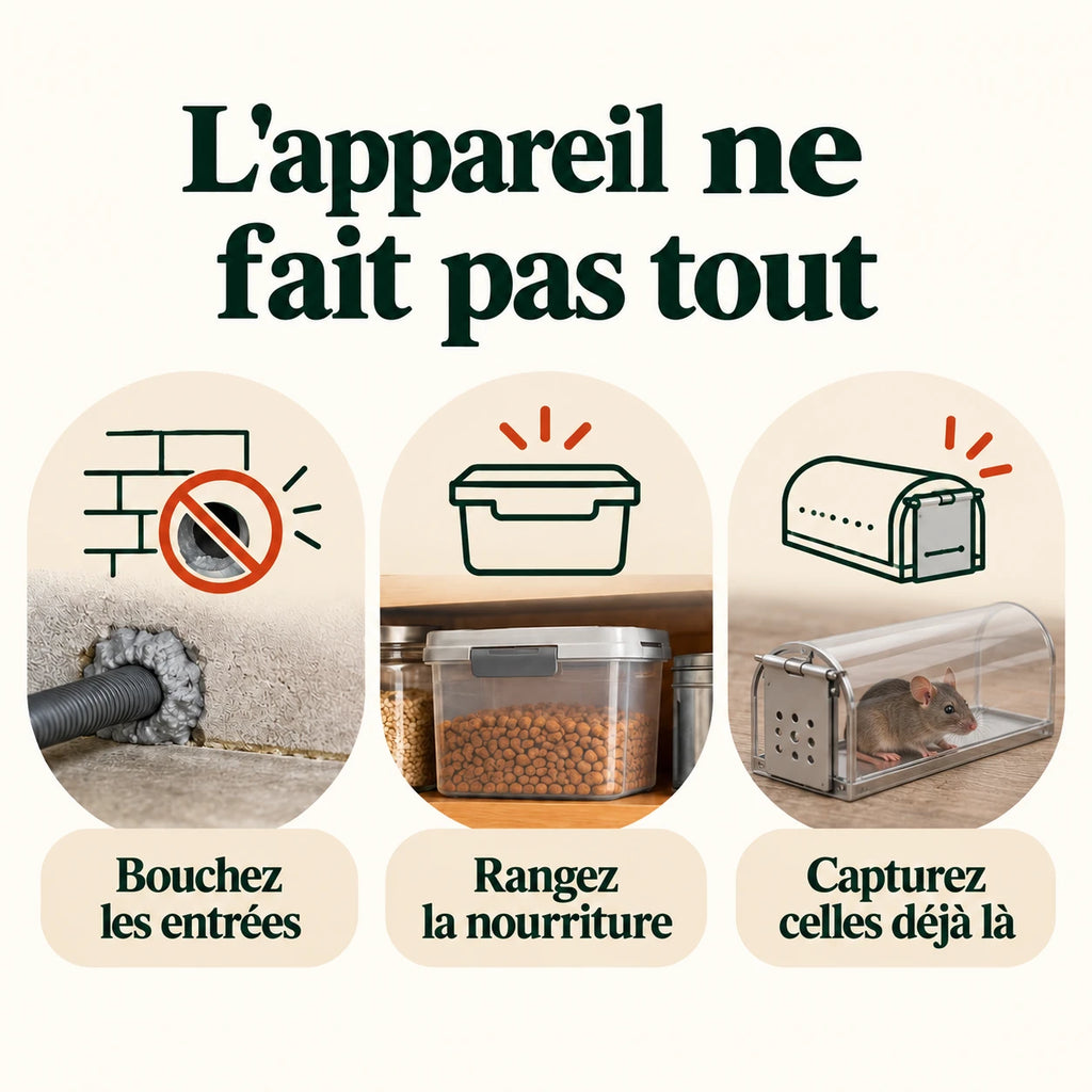 Trois gestes en complément du répulsif souris : boucher les entrées, ranger la nourriture, capturer les souris déjà là