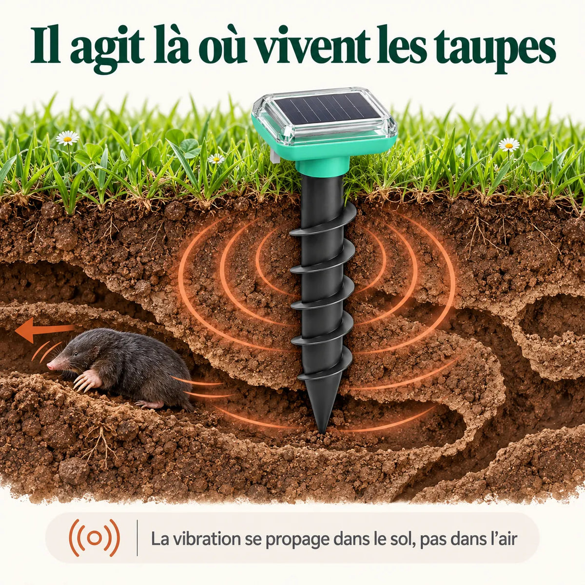 Coupe de terre montrant la vibration du répulsif se propager dans le sol jusqu'aux galeries de la taupe, et non dans l'air