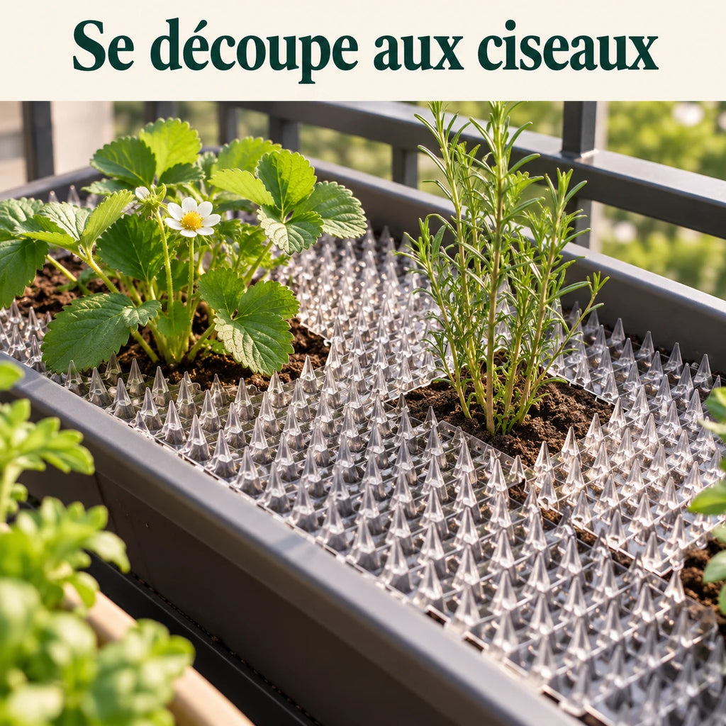 Tapis anti-chat découpé autour des plants dans une jardinière de balcon