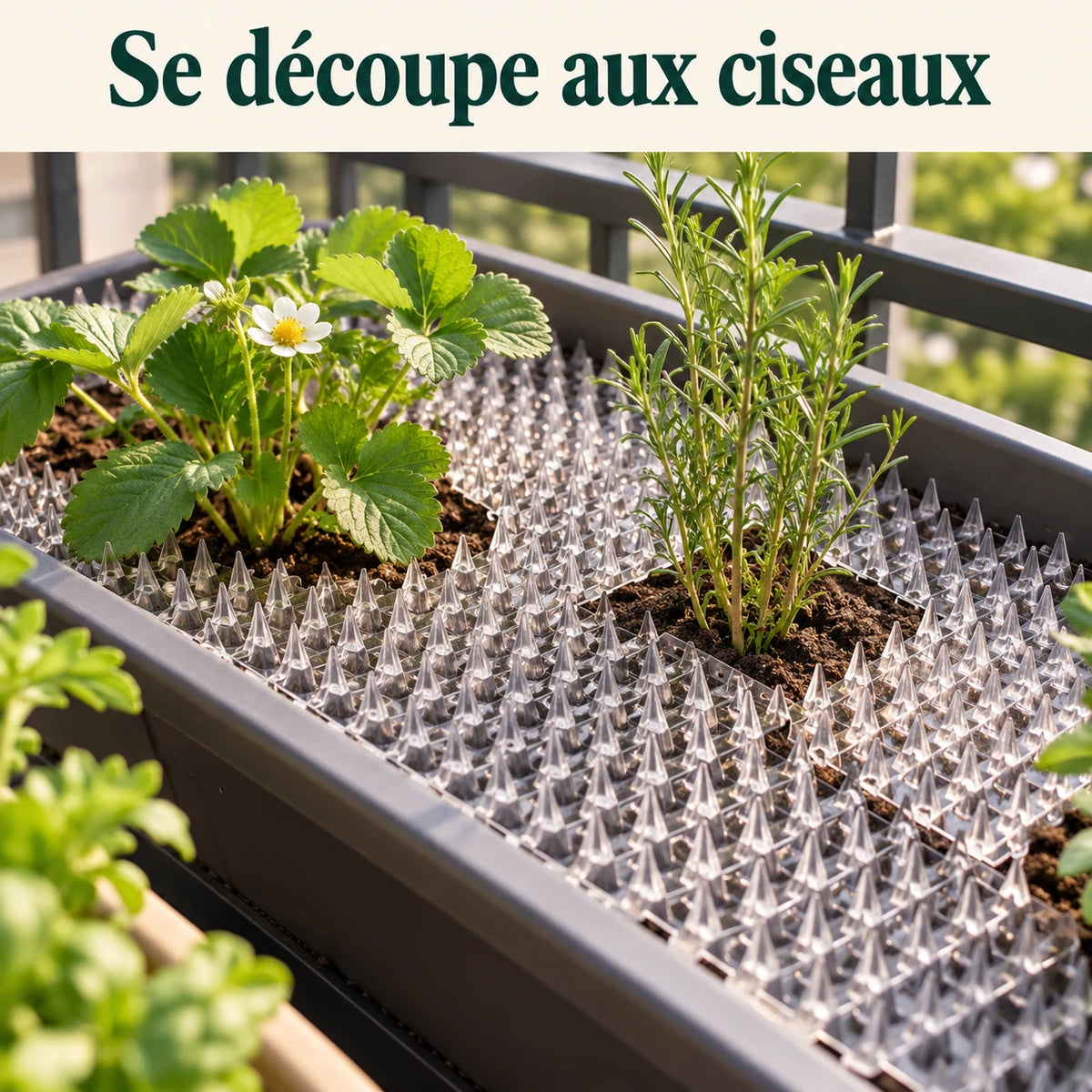 Tapis anti-chat découpé autour des plants dans une jardinière de balcon