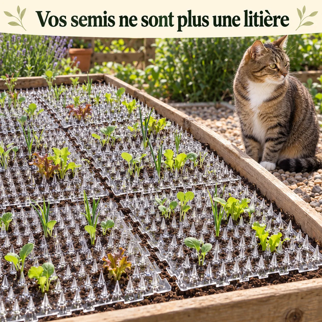 Tapis anti-chat à picots posé sur un carré de semis au potager, chat assis à côté